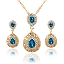 Women Crystal Water Drop Pendant Necklaces Earrings Sets(Blue)