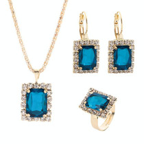Square Crystal Necklace Earrings Ring For Women Jewelry Sets(Lake Blue)