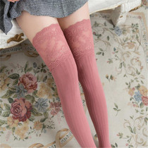 Lace Stockings Above The Knee Non-Slip Thigh Socks Cotton Vertical Stripe Socks(Pink)