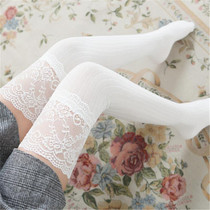 Lace Stockings Above The Knee Non-Slip Thigh Socks Cotton Vertical Stripe Socks(White)
