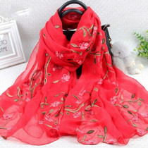 Autumn and Winter National Style Wild Peach Blossom Embroidery Pattern Long Lace Scarf Silk Scarf, Size:172 x 70cm(Red)