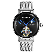 OCHSTIN 6121 Flywheel Mechanical Watch Fashion Hollow Full Automatic Mechanical Watch Business Men Watch Stainless Steel Watch  Waterproof Watch(Silver Black)