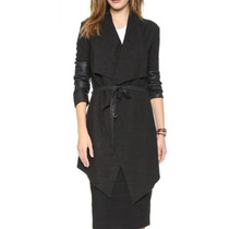 Splicing Sleeves Bandwidth Loose Collar Woolen Coat (Color:Black Size:XL)