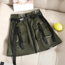 2 PCS Flower Skirt Skirt Chic PU Leather Tooling Zipper A Word Skirt with Belt, Size: M(Army Green)