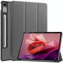 For Lenovo Tab P12/Xiaoxin Pad Pro 12.7 inch Custer Solid Color 3-Fold Stand Leather Tablet Case(Grey)