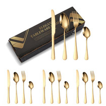 16pcs/set Carton Boxed Gold-Plated Stainless Steel Knife and Fork Set Western Cutlery, Color: Gold