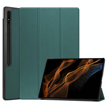 For Samsung Galaxy Tab S9 Ultra / S8 Ultra Custer Pure Color 3-Fold Holder Smart Leather Tablet Case(Dark Green)