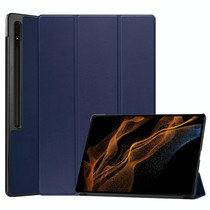 For Samsung Galaxy Tab S9 Ultra / S8 Ultra Custer Pure Color 3-Fold Holder Smart Leather Tablet Case(Dark Blue)