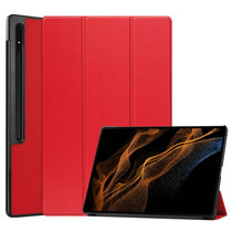 For Samsung Galaxy Tab S9 Ultra / S8 Ultra Custer Pure Color 3-Fold Holder Smart Leather Tablet Case(Red)