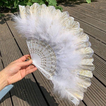Vintage Style Flapper Hand Fan Embroidered Flower Marabou Feather Fan(White)