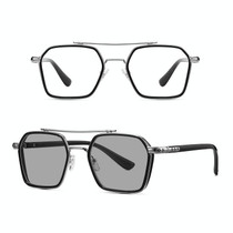 Double-beam Polarized Variable Color Eyeglasses Non-degree Flat Glasses, Lens: Change Grey(Black Silver Frame)