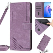 For OPPO Reno6 5G Skin Feel Stripe Pattern Leather Phone Case with Lanyard(Purple)