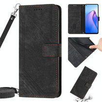 For OPPO Reno6 5G Skin Feel Stripe Pattern Leather Phone Case with Lanyard(Black)