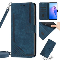 For OPPO Reno6 5G Skin Feel Stripe Pattern Leather Phone Case with Lanyard(Blue)