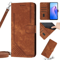 For OPPO Reno6 5G Skin Feel Stripe Pattern Leather Phone Case with Lanyard(Brown)