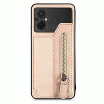 For Xiaomi Poco M5 4G Carbon Fiber Flip Zipper Wallet Phone Case(Khaki)