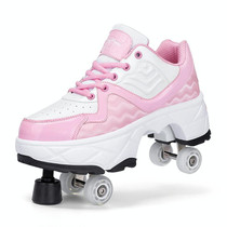 DF08 Dual-Purpose Walking Shoes Four-Wheel Shrinkable Brake Roller Skates, Size:38(White Black)