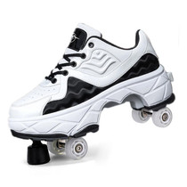 DF08 Dual-Purpose Walking Shoes Four-Wheel Shrinkable Brake Roller Skates, Size:33(White Black)