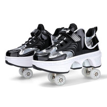 DF03 Children Walking Shoes Four-wheel Retractable Roller Skates, Size:35(Leather Black)