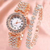 Roman Pattern Diamond Ladies Quartz Watch, Color: Rose Gold+Bracelet