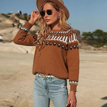 Fall Winter Women Knitted Long Sleeve Sweater Pullover, Size:M(Brown)