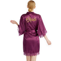 Women Bride Gold Lettering Lace Edge Nightgown, Size:XL(Dark Purple)