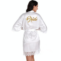 Women Bride Gold Lettering Lace Edge Nightgown, Size:L(White)
