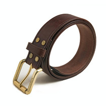 Men Vintage Brass Single Needle Quick Release Vegetable Tanned Leather Belt(Dark Brown)