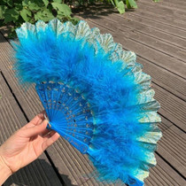 Vintage Style Flapper Hand Fan Embroidered Flower Marabou Feather Fan(Lake Blue)
