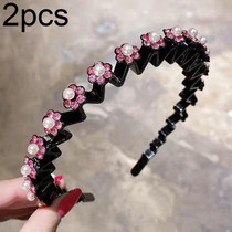 2pcs Pearl Rhinestone Wavy Headband Thin Edge Non-slip Clip Headgear(2 Pink)