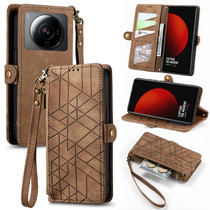 For Xiaomi 12 Ultra Geometric Zipper Wallet Side Buckle Leather Phone Case(Brown)