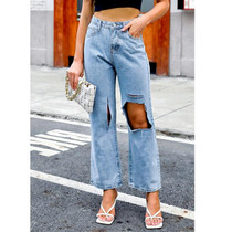 Women High-rise Cut-out Ripped Jeans (Color:Light Blue Size:XXL)