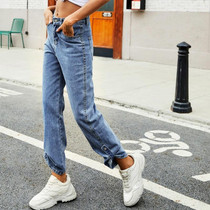 Women Denim Button Adjustable Length Jeans (Color:Light Blue Size:M)