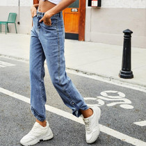 Women Denim Button Adjustable Length Jeans (Color:Light Blue Size:S)