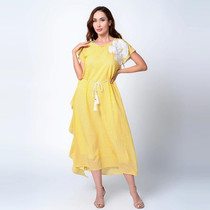 Women Embroidered Beaded Three-dimensional Flower Dress (Color:Yellow Size:L)