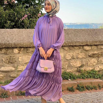 Women Long Sleeve Solid Color Chiffon Dress (Color:Purple Size:S)