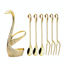 Swan Fruit Fork And Spoon Set Dessert Fork Fruit Fork Rack Tableware Wedding Gift, Colour: Golden Stripe With 3 Spoons+3 Forks