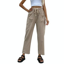 Women Color Cropped Straight-leg Pants with Laces (L)