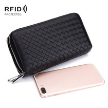 Sheepskin Weave Double Zipper Large Capacity Multiple-Card RFID Anti-Theft Wallet Bag (Black)