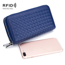 Sheepskin Weave Double Zipper Large Capacity Multiple-Card RFID Anti-Theft Wallet Bag (Blue)