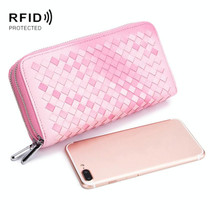 Sheepskin Weave Double Zipper Large Capacity Multiple-Card RFID Anti-Theft Wallet Bag (Pink)