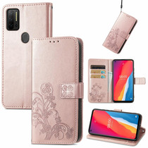 For Ulefone Note 11 Plus Four-leaf Clasp Embossed Buckle Mobile Phone Protection Leather Case with Lanyard & Card Slot & Wallet & Bracket Function(Rose Gold)