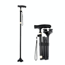 TBS-009 Four-Legged Folding Elderly Crutches Aluminum Alloy Light And Multifunctional Non-Slip Crutches With Light(Black)