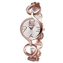WeiQin Women Fashion Hollow Chain Bracelet Crystal Inlaid Dial Quartz Wrist Dress Watch(Rose Gold + White)