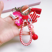 4 PCS Cute Soft Clay Rainbow Keychain Student Schoolbag Lollipop Pendant, Colour: Red And White Rope Rainbow