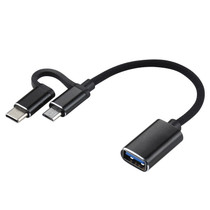 USB 3.0 Female to Micro USB + USB-C / Type-C Male Charging + Transmission OTG Nylon Braided Adapter Cable, Cable Length: 11cm(Black)