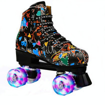 Adult Children Graffiti Roller Skates Shoes Double Row Four-Wheel Roller Skates Shoes, Size: 44(Flash Wheel Black)