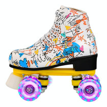 Adult Children Graffiti Roller Skates Shoes Double Row Four-Wheel Roller Skates Shoes, Size: 43(Flash Wheel White)