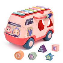 Children Multifunctional Bus Toy with Light Music Early Education Puzzle Toy(Pink)