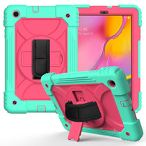 For Samsung Galaxy Tab A 10.1 (2019) T510/T515 Shockproof PC + Silicone Combination Case with Holder & Hand Strap & Shoulder Strap(Mint Green + Rose Red)